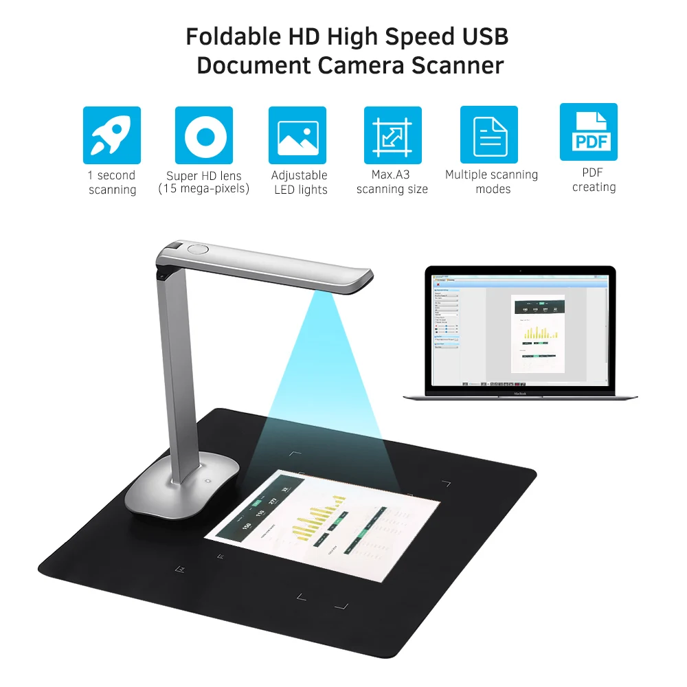 

Aibecy F50 Foldable HD USB Book Document Camera Scanner 15 Mega-Pixels A3 & A4 Foot Pedal LED Light AI Technology Scanner
