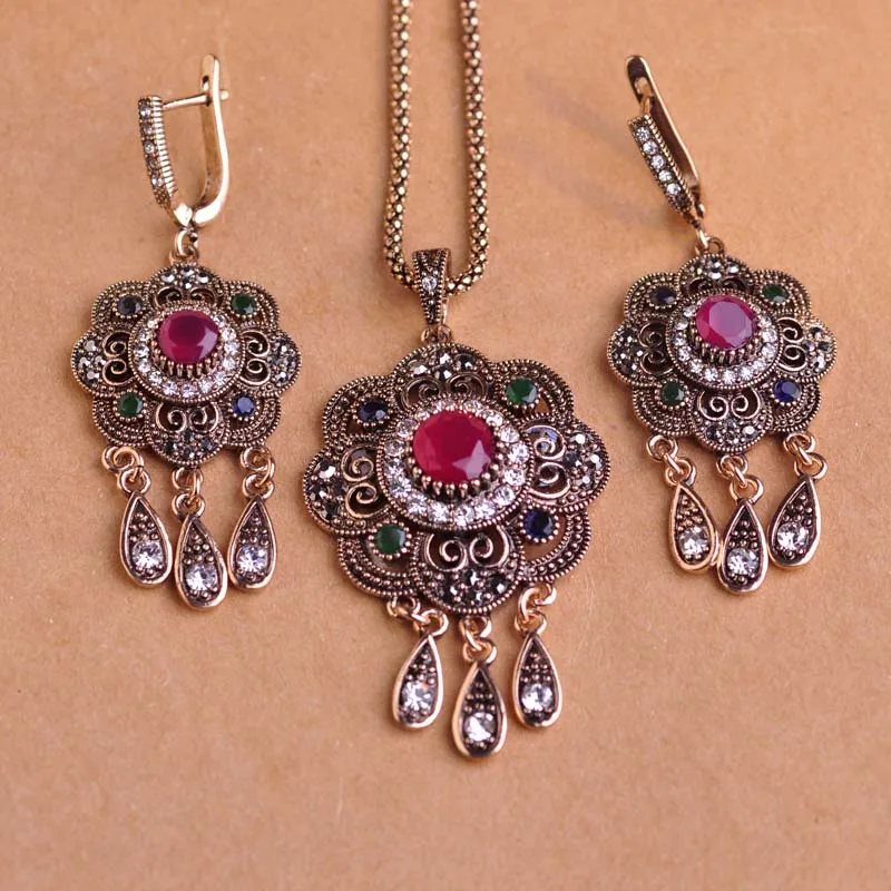 Blucome, винтажные турецкие Ювелирные наборы, зеленый цветок, подвеска, ожерелье, золотой цвет, принцесса, крючки, Длинные подвески, ожерелье, серьги, набор - Окраска металла: red set