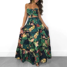2019 Summer New Fashion Sexy Women Strapless Two Pieces Dress Suit Set Tropical Print Tube Top&Maxi Skirt Set stylish cami tropical print women s maxi dress
