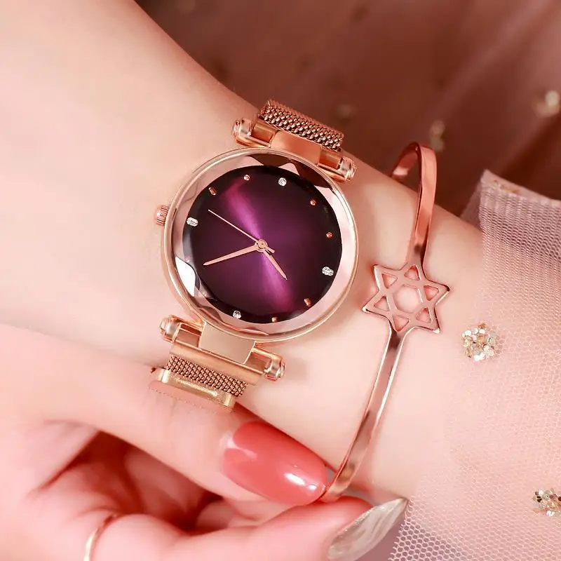 Звездное небо часы женские магнитные наручные часы водонепроницаемые Стразы relogio feminino montre - Цвет: Gold Purple