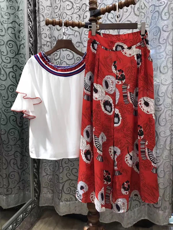 2017 verão novo lotus camisa de manga + impresso calças largas nas pernas das mulheres terno 618