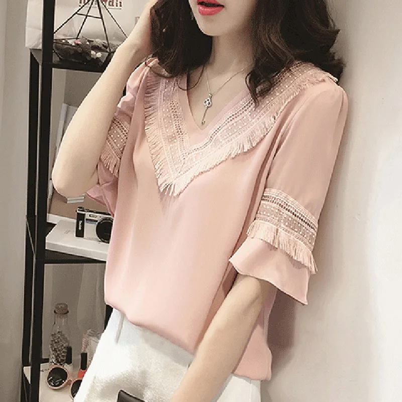 

Ladies V-neck Chiffon Blouses Female Shirts Casual Loose Half Sleeve Women Blouse and Tops