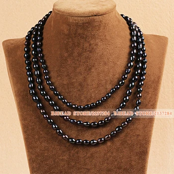 

Mother Gift Stylish Elegant Long Style 6-7mm Rice Shape Natural Black Pearl Party Necklace / Sweater Chain