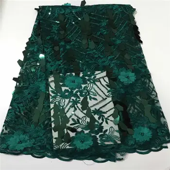 

Green African French tulle Lace Fabric High Quality Dubai Embroidery 3d Flower Lace Nigerian French Cord Lace With Sequins Beads