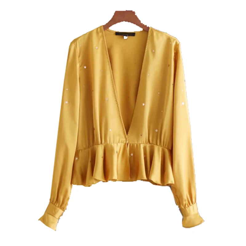 

New Summer Female Smooth Blouses Women Stars Decoration Solid Lotus Leaf Deep V Cardigan Sexy Shirt Vintage Femme Blusas Clothes