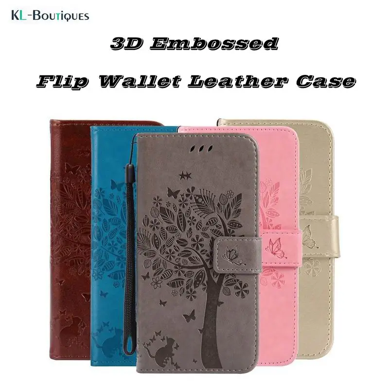 

For Microsoft Nokia Lumia 435 532 Coque Cartoon Cat Tree Embossed Skin Stand Book Flip Wallet Leather Cover Soft TPU Phone Case