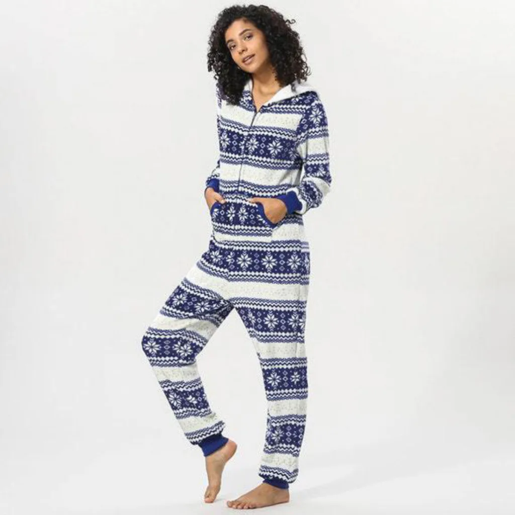 Harga 2019 Wanita Biru Bergaris Kepingan Salju Printing Hooded Flanel Pakaian Latihan Yg Hangat Lengan Panjang Onesies Satu Potong Piyama Hoodie Hangat Set D