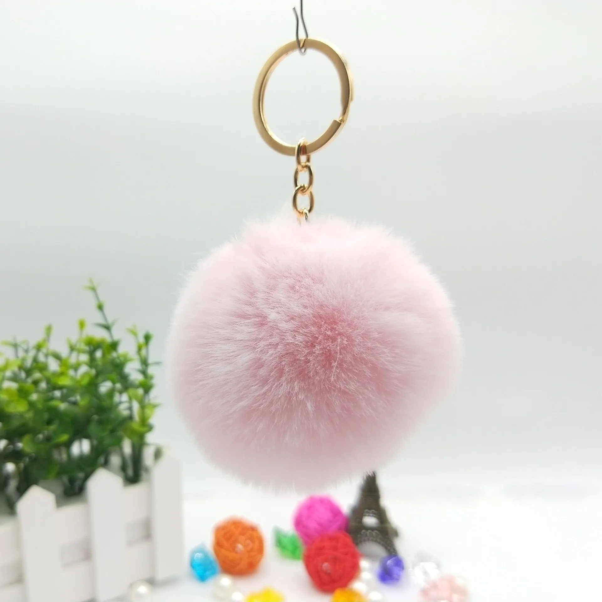 

8cm Fluffy Rabbit Fur Keychain Pearl Leaves Key Ring Fur Pom Pom Keychain Llavero Pompon Porte Clef Pompom De Fourrure Pendant