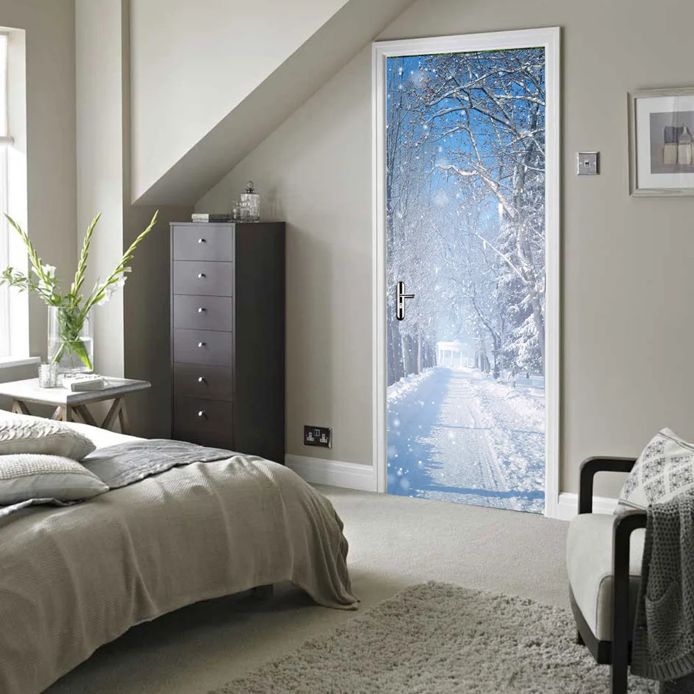 Зимний Снежный пейзаж декоративные наклейки на дверь домашний декор Креативные 3D Виниловые художественные фрески водонепроницаемые самоклеющиеся обои