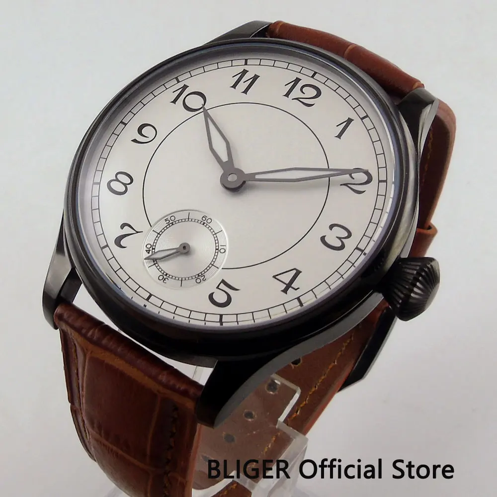 

Vintage 44MM White Sterile Dial Black PVD Coated Case Mechanical 6498 Hand Wind Movement Men's Pilot Watch P288