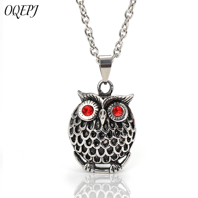 

OQEPJ Gothic 316L Stainless Steel Silver Color Necklaces Pendant Cartoon Owl Vintage Crystal Paved Animal Men Necklace Gift
