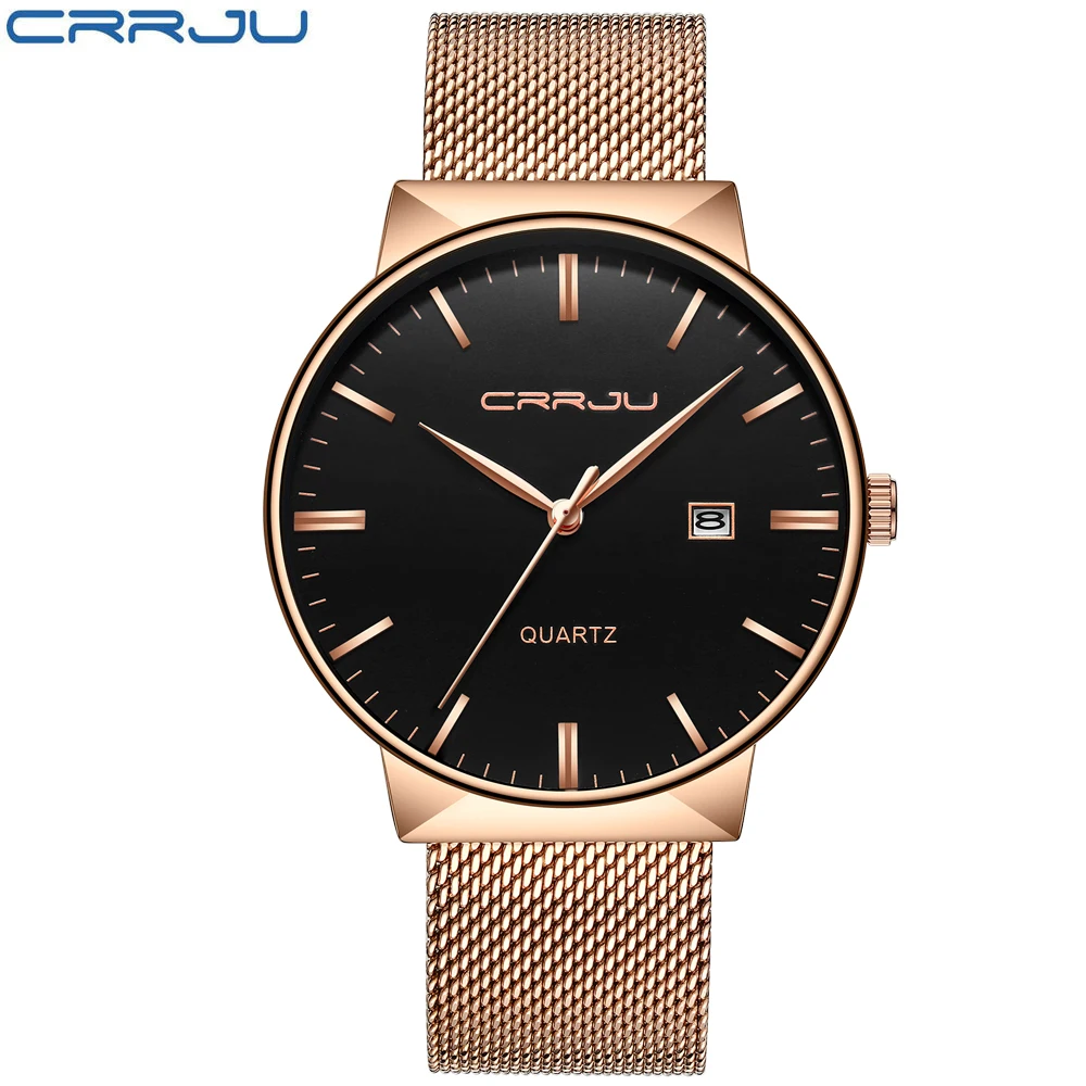  CRRJU Mens Gold watch casual Military Wristwatch Male Date Window Mesh Belt Quartz Watch Slim Clock