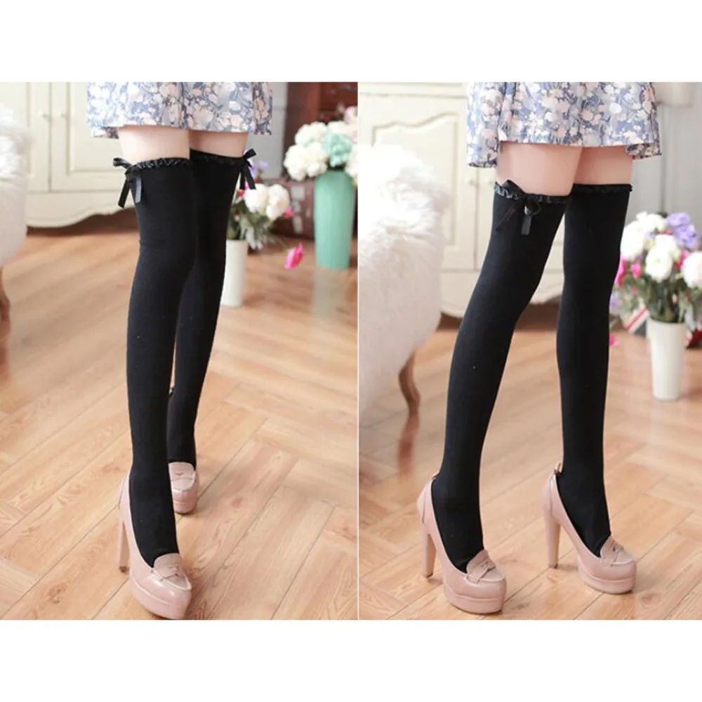 1 Pair Wavy Lace Ribbon Bow Sock Elastic and Thin Over Knee High Socks