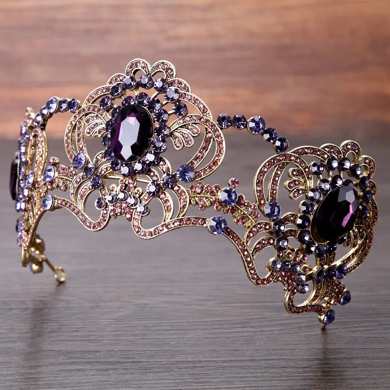 Винтажный головной убор барочная корона диадемы фиолетовый цвет Хрустальные стеклянные короны повязка для волос Свадебные украшения для волос Свадебные аксессуары