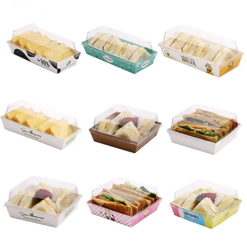 

50pcs Sandwich Box Salad Dessert Hotdog Cake Packaging Boxes with Transparent Lids Kraft Cardboard Paper Gift Box