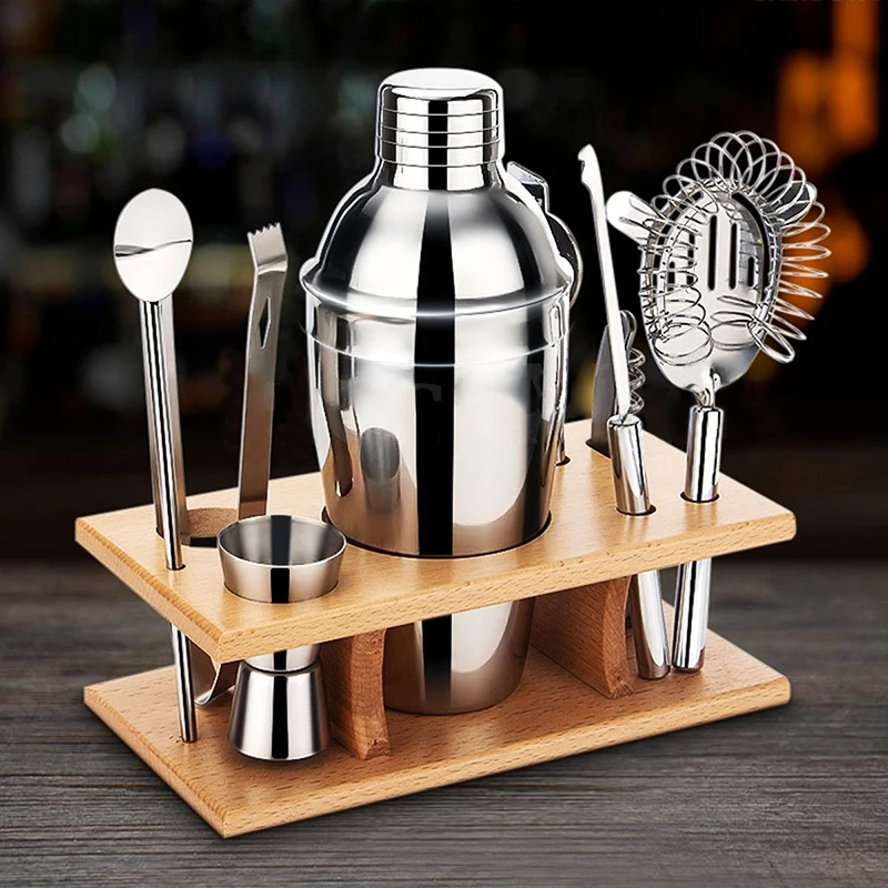 

250/550/750 ML Stainless Steel Cocktail Shaker Mixer Drink Bartender Martini Tools Bar Set Kit With Wood Stand #251865