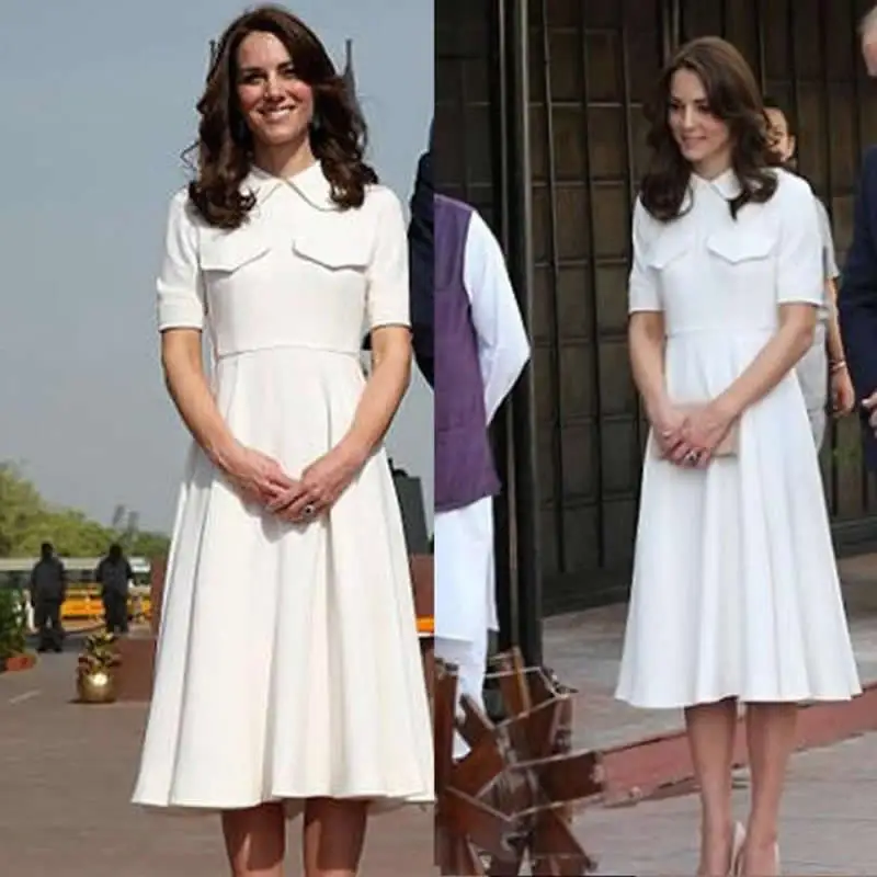 Однотонное белое платье принцессы Kate Middleton Модные Повседневные платья а