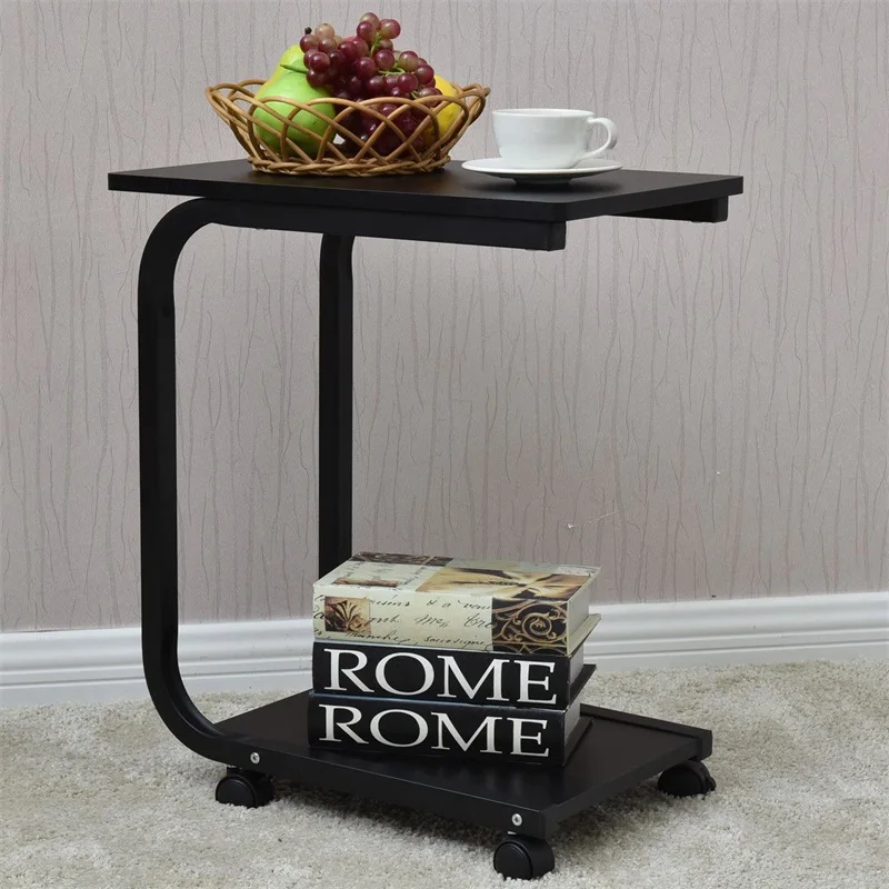 

2-Tier Snack Stand Rolling Sofa Side with Table Metal Frame and Wood Shelves Anti-scratch and Rust-free Bedside Table HW56369