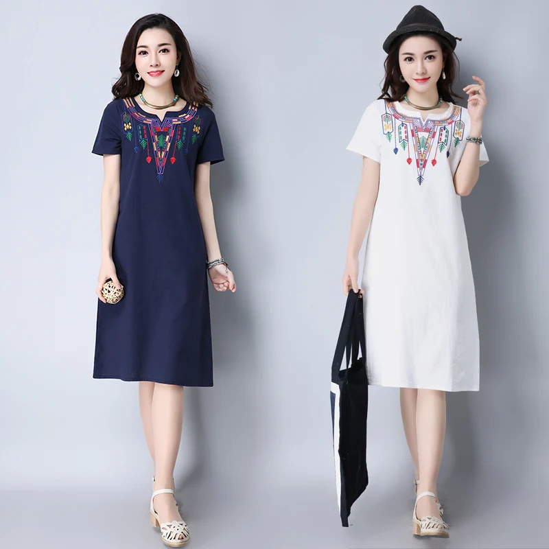 

8619# 2018 Summer New Women Fashion Folk Style Short Sleeve V-neck Cotton Linen Embroidered Dress Vintage Dress Vestidos