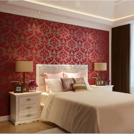 Red Floral Bedroom Wallpaper Romantic European Velvet 3D Background Wallpaper Red Living Room Wall