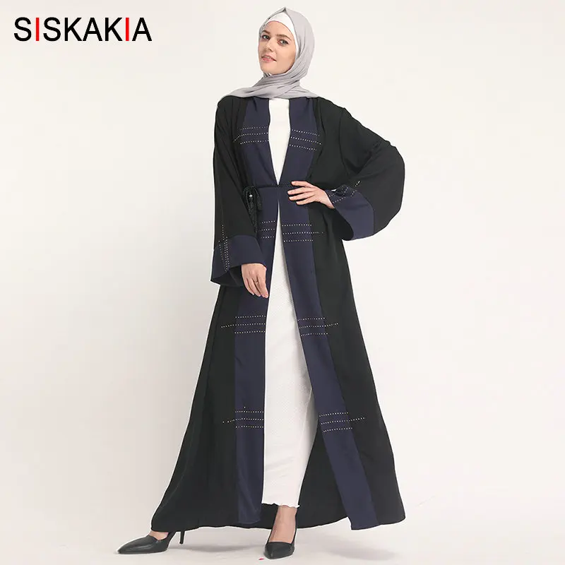 

Siskakia Brief Color Block Arabic kaftans and Jubah Fashion Hotfix Rhinestone Dubai Turkey Cardigan Abaya Robe Tassel Sash Black