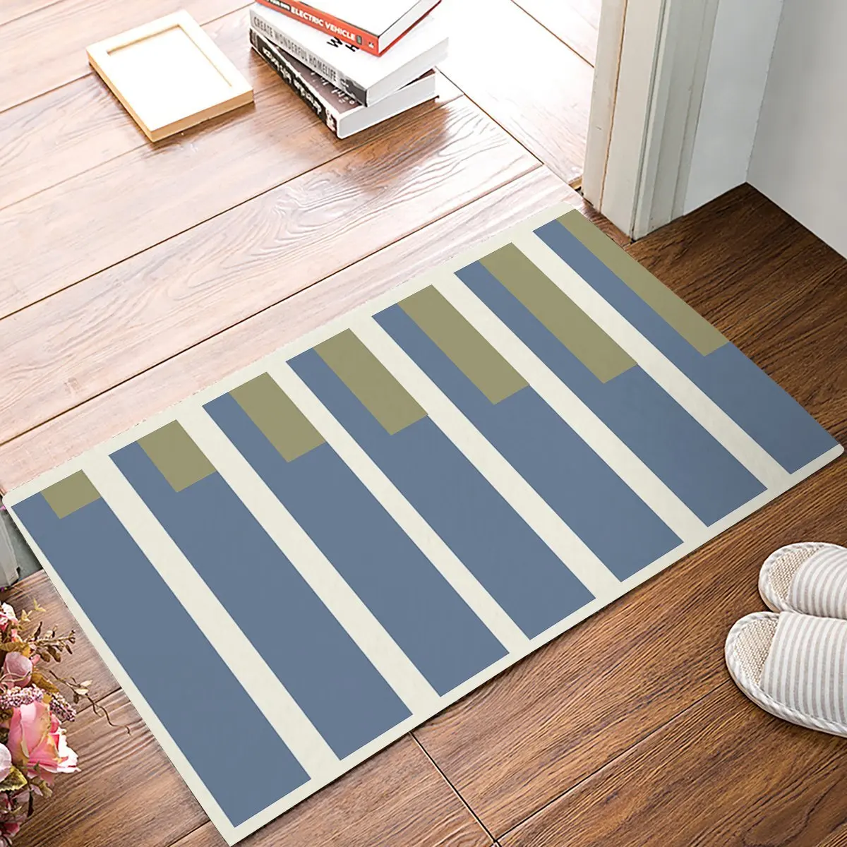 Green, Grey And Light Yellow Color Block Rectangle Door Mats Kitchen
