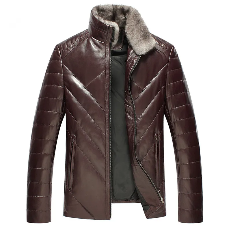 AYUNSUE Новая роскошная зимняя мужская кожаная куртка, толстый теплый пуховик, норковый меховой воротник, верхняя одежда, пальто из овчины LWL1072 - Цвет: wine red
