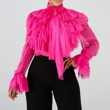 Женская блузка, летняя, простая, Falbala, длинный рукав, розовая, с оборками, топы, блузка для женщин размера плюс, для офиса, леди, OL, элегантные, женские рубашки