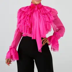 Блузка женская 2019 летняя простая Falbala с длинным рукавом розовые оборки Топы Блузка Женская Плюс Размер Офисная Леди OL Элегантные женские