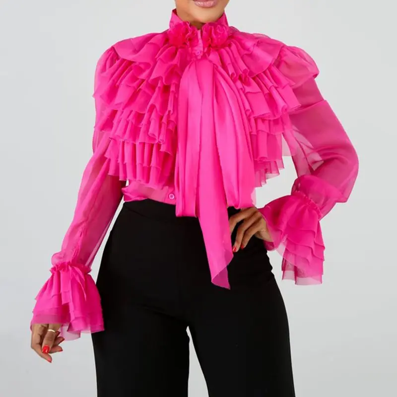 

Blouse Women 2019 Summer Plain Falbala Long Sleeve Pink Ruffles Tops Blouse Female Plus Size Office Lady OL Elegant Lady Shirts