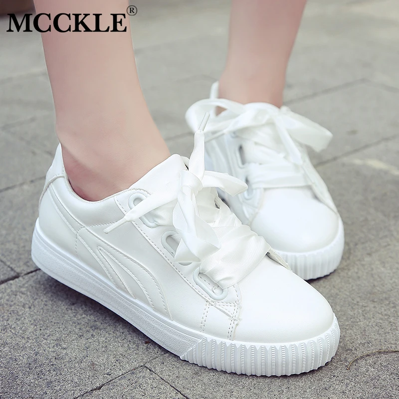 

MCCKLE Spring Women Casual Ribbon Flat Sneakers Female Lace Up Sewing Vulcanized Shoes For Girls Ladies Comfortable Footwear