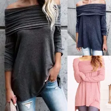 2017 New arrivals blue black slash neck long tops long sleeve shirt tshirt women off the shoulder tops for women autumn