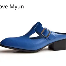 Новинка; сезон лето; мужские шлепанцы из натуральной кожи с острым носком без застежки; модные мужские шлепанцы на высоком каблуке с пряжкой; цвет белый, синий, черный