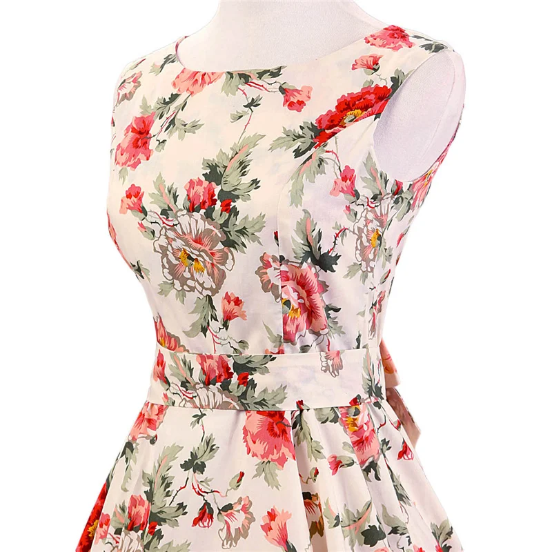 Kostlish Elegant Print Flower Summer Dress Women 2017 Big Swing 50s Vintage Dress Cotton Sleeveless Rockabilly Dresses Sundress (6)