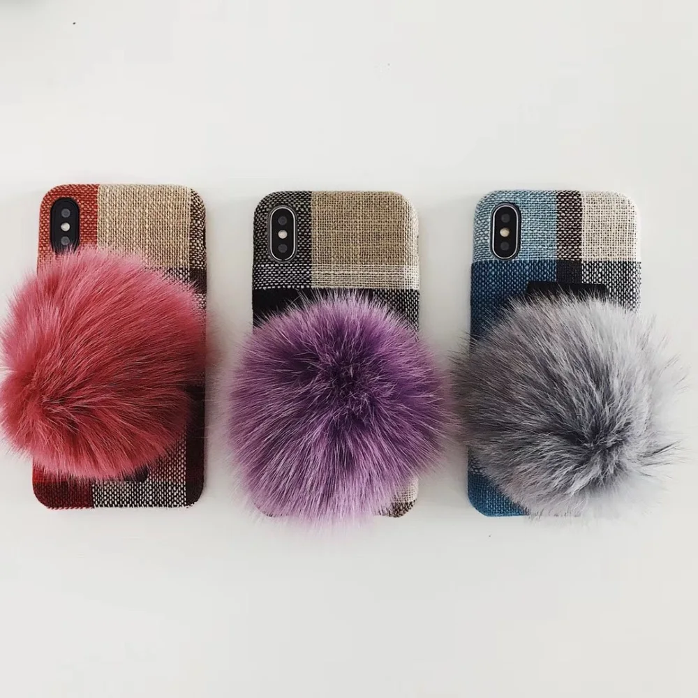 For iPhone 6 6s 7 8 plus X XS max XR Luxury Fashion fox furry pompom Wide Wrist Strap cloth phone case cover |