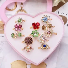 12 шт., разноцветные Регулируемые кольца с золотыми кристаллами в виде цветов для маленьких девочек, вечерние ювелирные изделия в подарок с сердечком