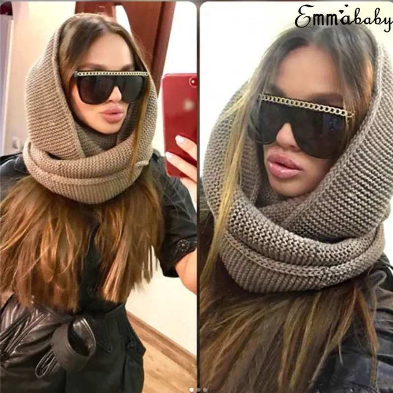 Модный женский теплый вязаный шейный круглый капюшон шарф-хомут длинный шарф шаль