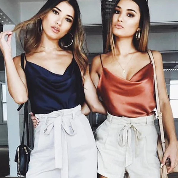 

Fashion 2019 Women Silk Satin Summer Beach Camis Tanks Strappy Camisole Casual Top Shirts Backless Female Sexy Hot Tops Vest