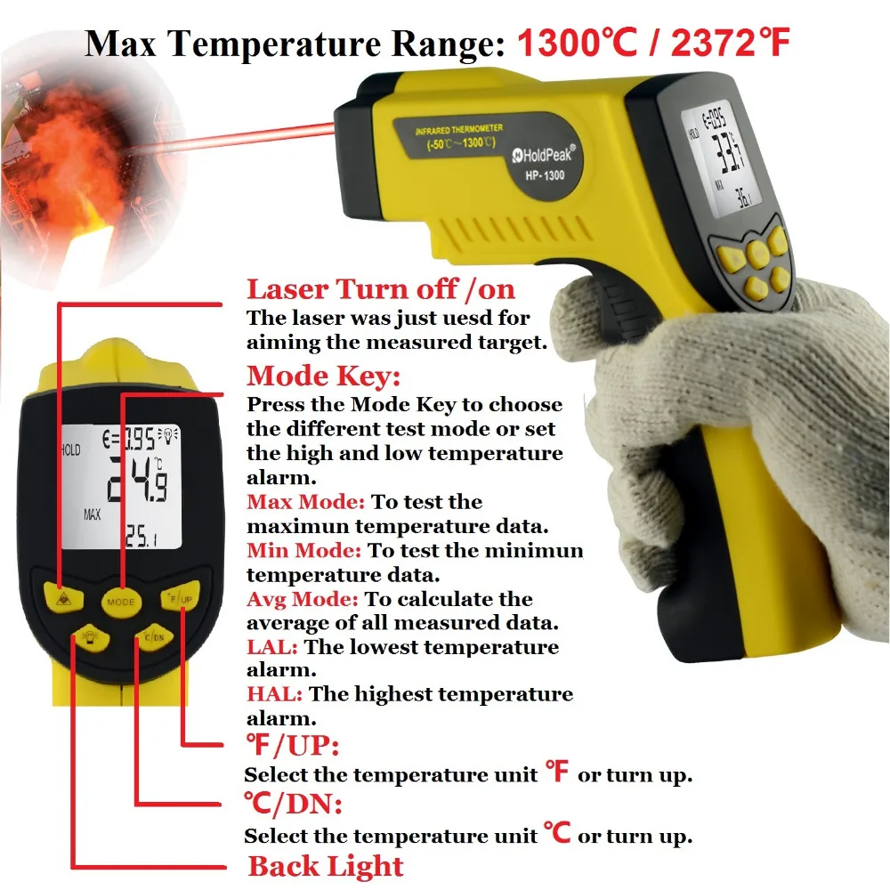 

HoldPeak HP-1300 Handheld Infrared Thermometer Non Contact Digital Thermometer Gun with Laser -50--1300'C / -58--2372'F