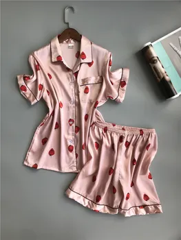 

2018 Silk Women Pajamas Turn-down Collar Sleepwear strawberry 2 Two Piece Set Shirt+Shorts Print Casual Pajama Sets