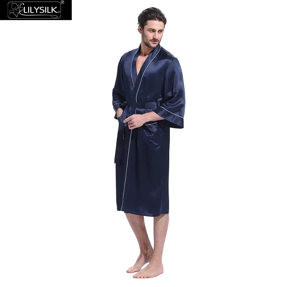 LilySilk халат мужской кимоно пеньюар домашняя одежда для мужчин шелк китайский белой отделкой три четверти рукав пояс внутри карманами уровня - Цвет: Navy Blue