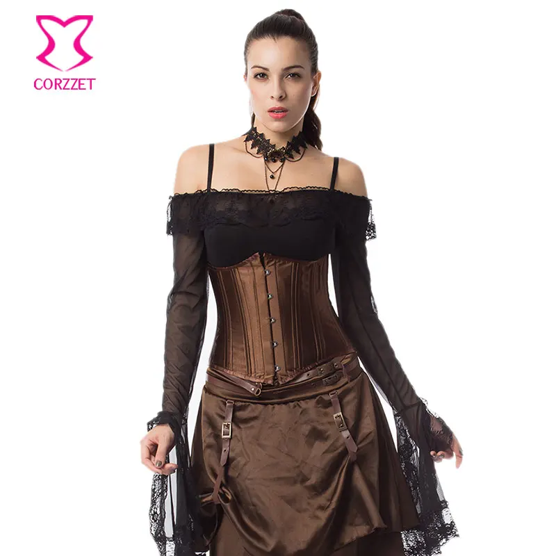 

6XL Brown Satin Steel Boned Corset Sexy Underbust Corpetes Corselet Plus Size Waist Control Corsets And Bustiers Gothic Clothing