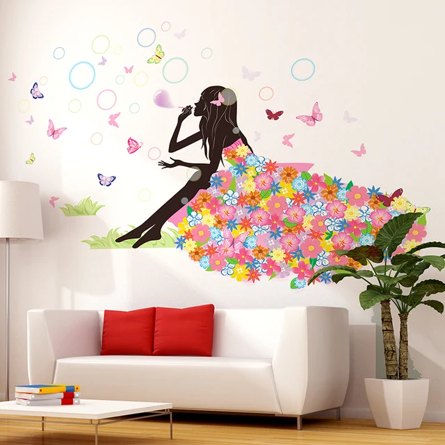 Girl Blowing Bubbles Wall  Sticker Interior Design Cartoon  