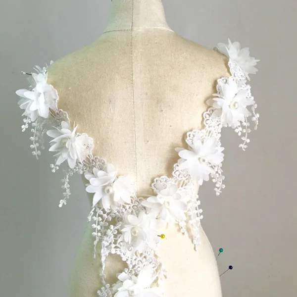 1Yard(15Pcs Flower) 8CM 3D Chiffon Rose Lace Trim Flower With Pearl Wedding Dress Deco Tassel Patch DIY Craft lace garment accessories lace sewing supplies lace decoration lace accessories lace sewing accessories clothing accessories