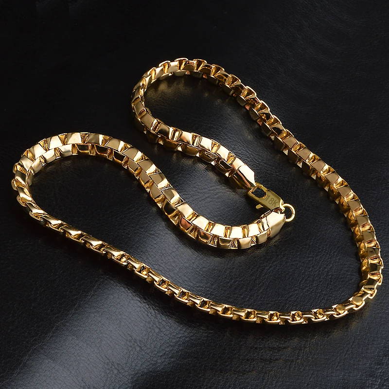 

ECODAY Men Jewelry Gold Necklace Men 8mm Box Chain Long Necklace Gold Color Necklaces Collar Jewelry 20inch