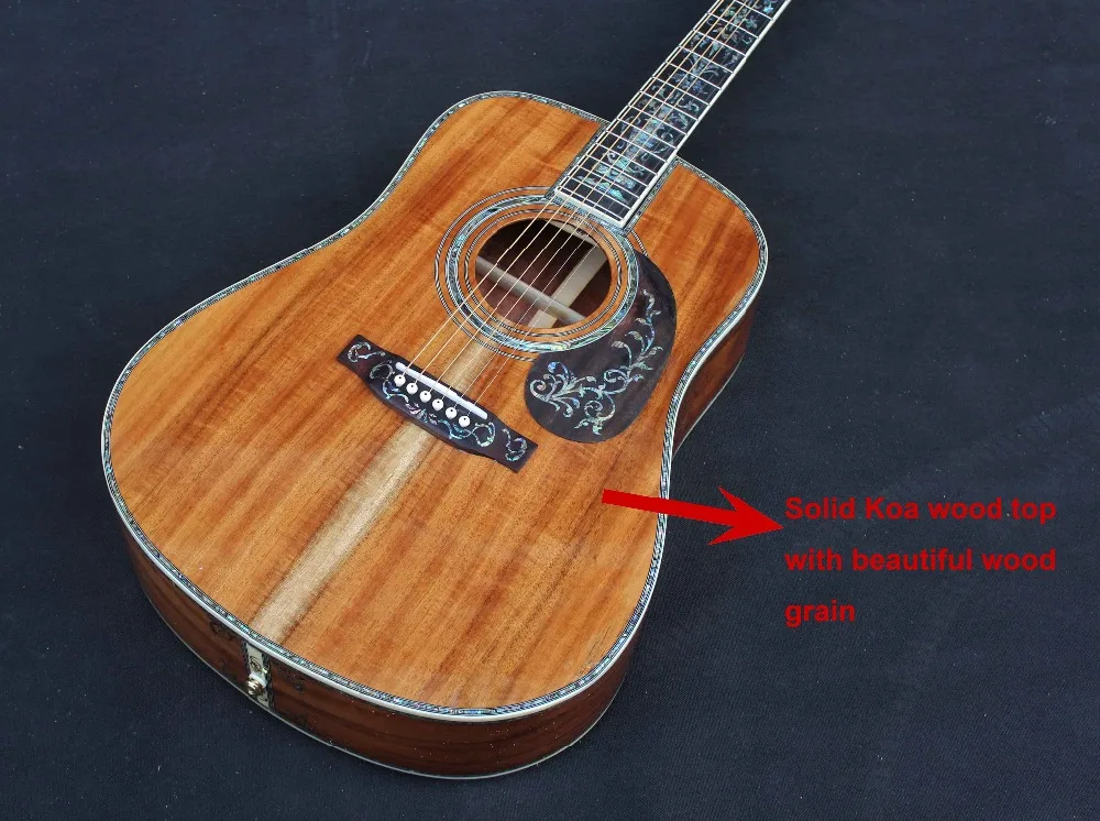 solid koa wood handmade acoustic guitars, real abalone inlay and