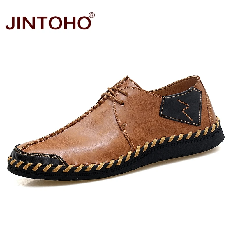 JINTOHO/Мужская обувь из натуральной кожи; Модные дышащие мужские кожаные туфли; Брендовые повседневные мужские туфли-мокасины; большие размеры - Цвет: zong se
