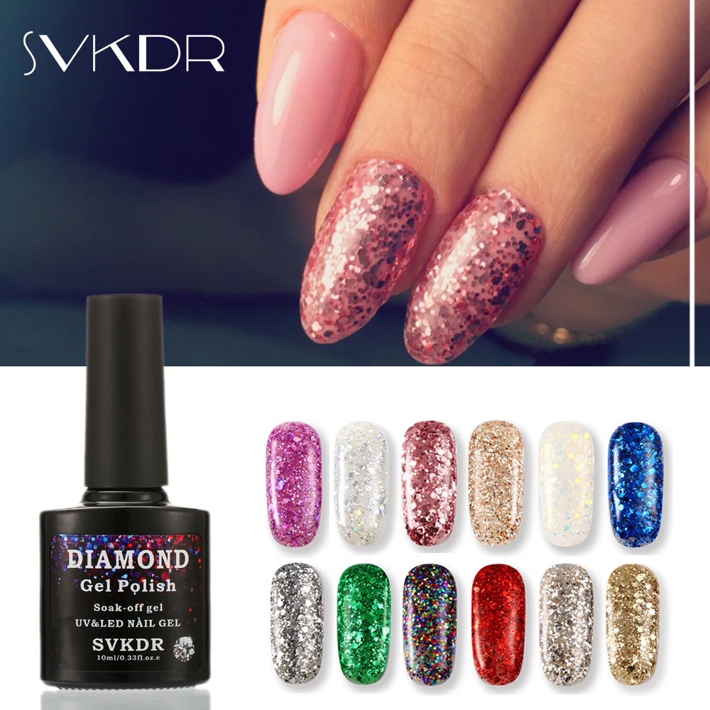 

SVKDR Professional Diamond Glitter UV Nail Gel Polish 6ml Soak Off Sequins Gel Long-lasting Bling Nail Varnish Manicure Art Tool