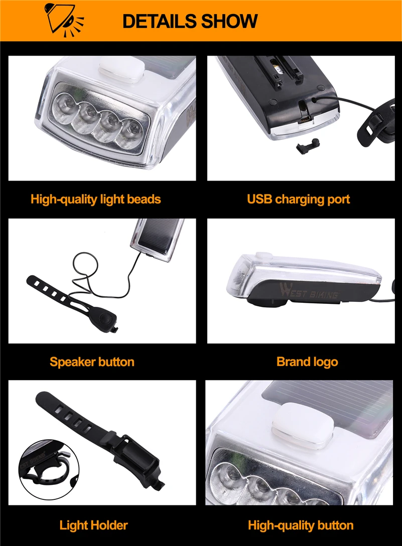 Clearance WEST BIKING Cycling Light LED Speaker Solar Powered Lamp USB Rechargeable Bicycle Front Head Flashlight Bell Riding Bike Lights 5