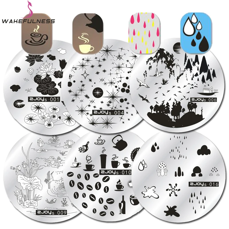 

WAKEFULNESS Round Nail Stamping Plate Teapot Mushroom Raindrop Image Nail Art Stamp Stencils Manicure Template Tool